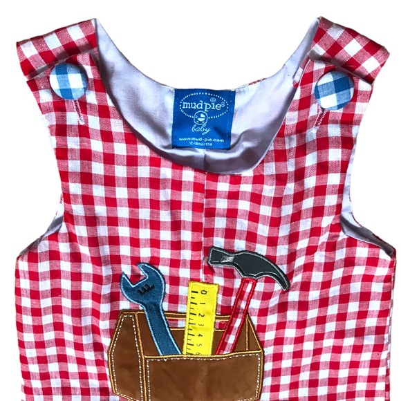 Mud pie Baby Boy 12-18 Months All Boy Red Gingham Romper Appliqué Tool Box Patch - Picture 2 of 4